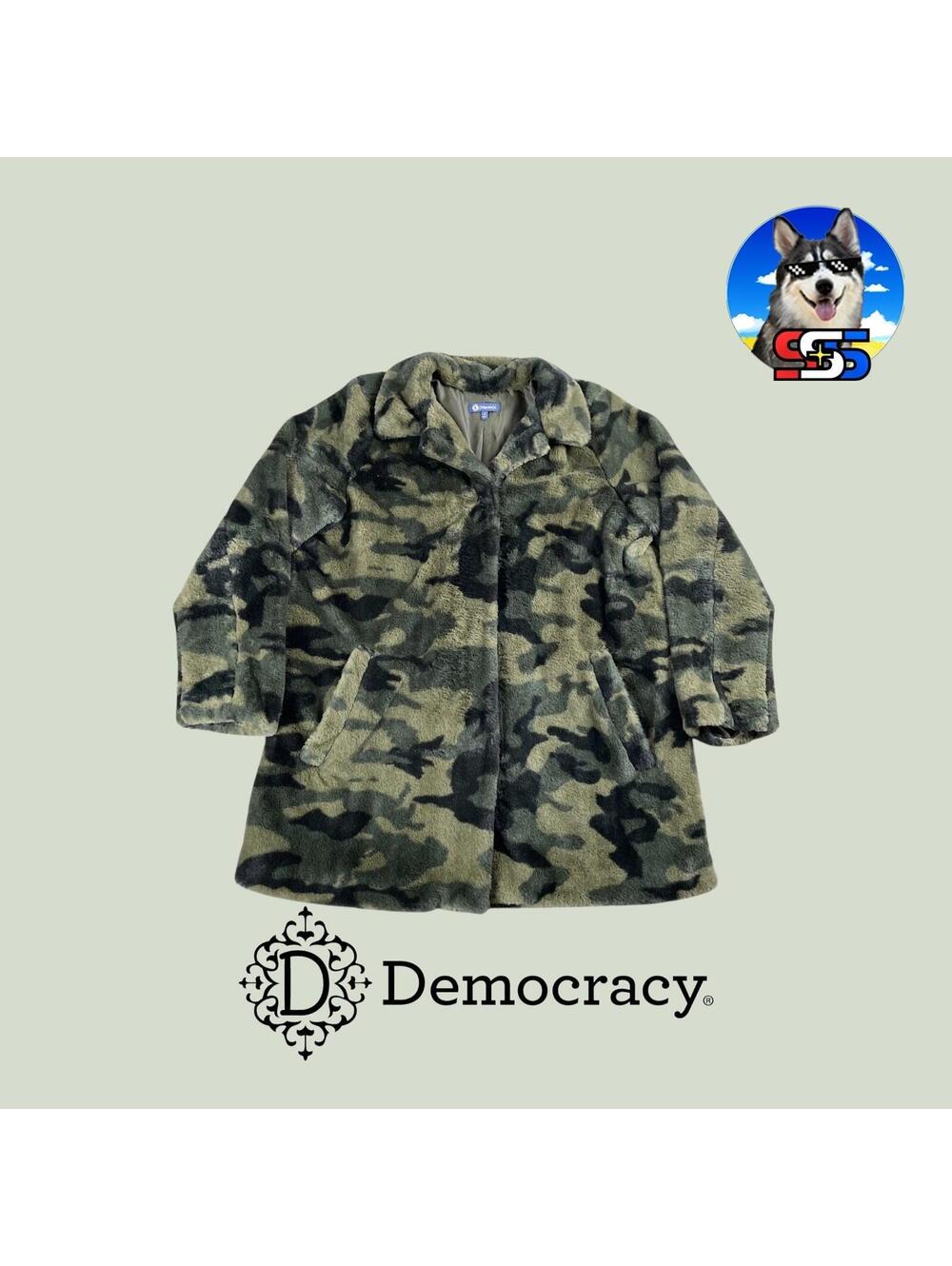 DEMOCRACY Faux Fur Jacket Women's L Camo Coat Oversized Soft Plush Polyester